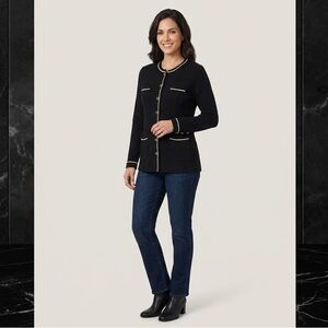 Black Button-Front Knit Jacket with Contrast Trim